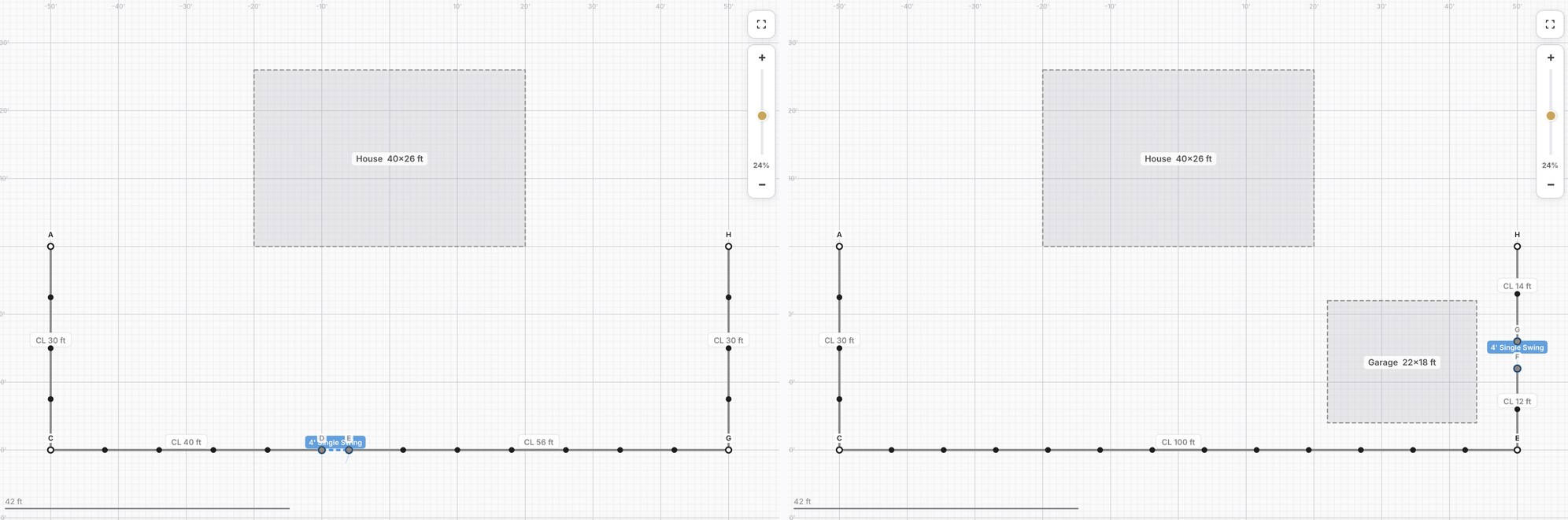 Sample layout dropped on the canvas — house, garage, fence and a gate