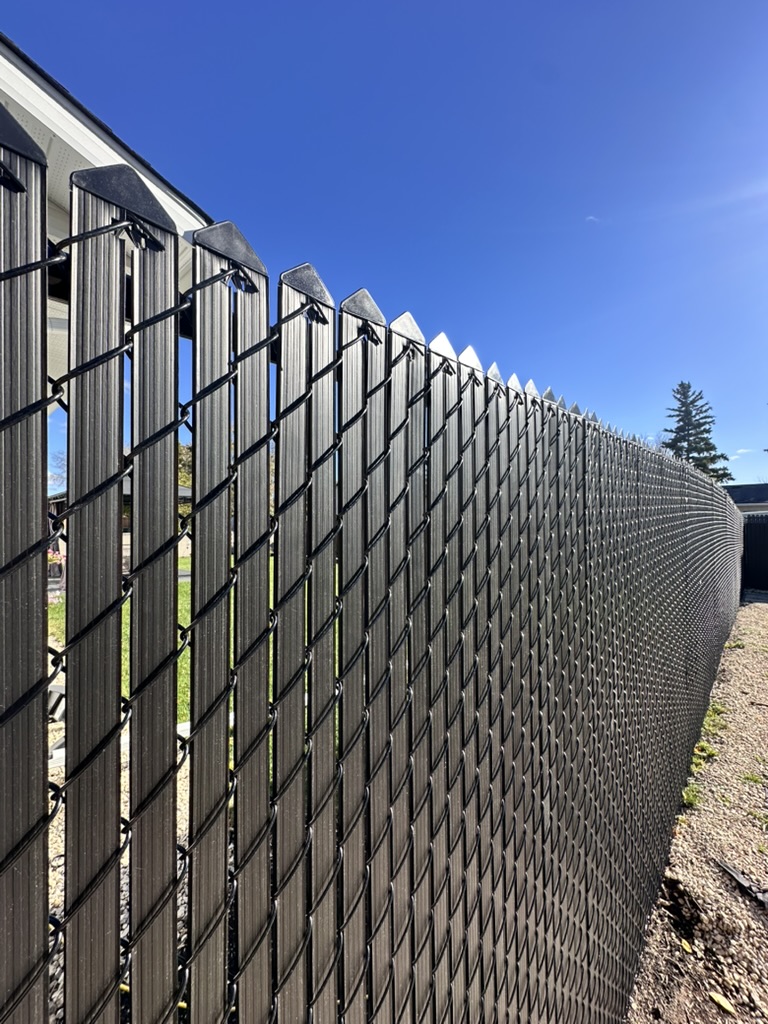 Chain link fence with privacy inserts close-up