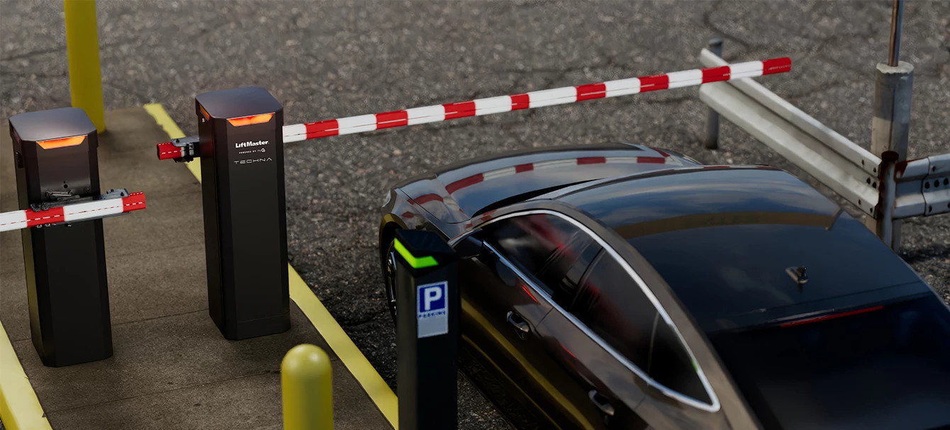LiftMaster TECHNA barrier arm at a parking lot entrance